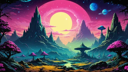 alien landscape, Enchanted groves alive with sentient flora, Golden sunrise painting snowy peaks pink , alien [fauna:flora:0.5], Ambient occlusion, <lora:Ive_Got_The_Power:0.8>, <lora:blacklight_makeup_v2:0.7> blacklight makeup, <lora:SDXLFaeTastic2400:0.4>