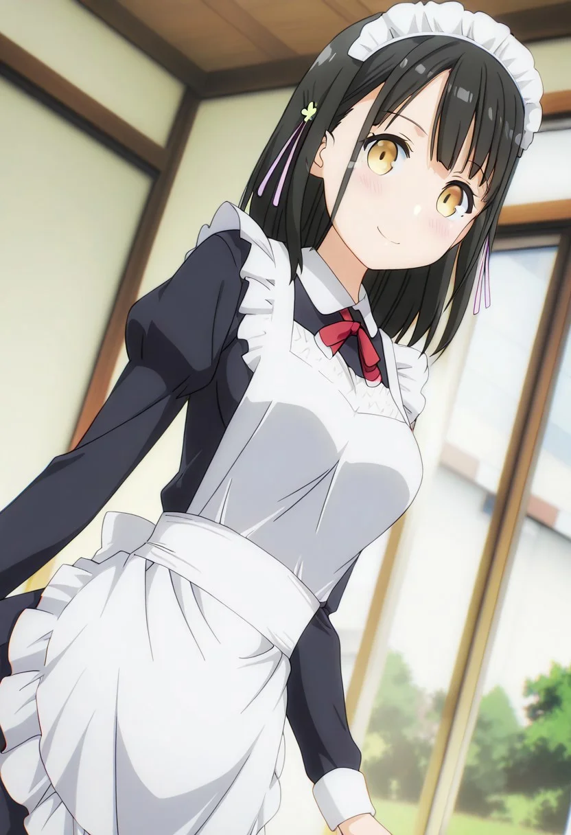 masterpiece, best quality, newest, absurdres, highres, anime,
hanasaka yui, yellow eyes, black hair, hair ornament,
large breasts,
1girl, solo, blush, smile,
maid, maid apron, maid headdress, puffy sleeves,
scenery, indoors,
dutch angle, looking at viewer,