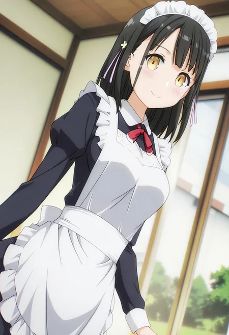 masterpiece, best quality, newest, absurdres, highres, anime,
hanasaka yui, yellow eyes, black hair, hair ornament,
large breasts,
1girl, solo, blush, smile,
maid, maid apron, maid headdress, puffy sleeves,
scenery, indoors,
dutch angle, looking at viewer,