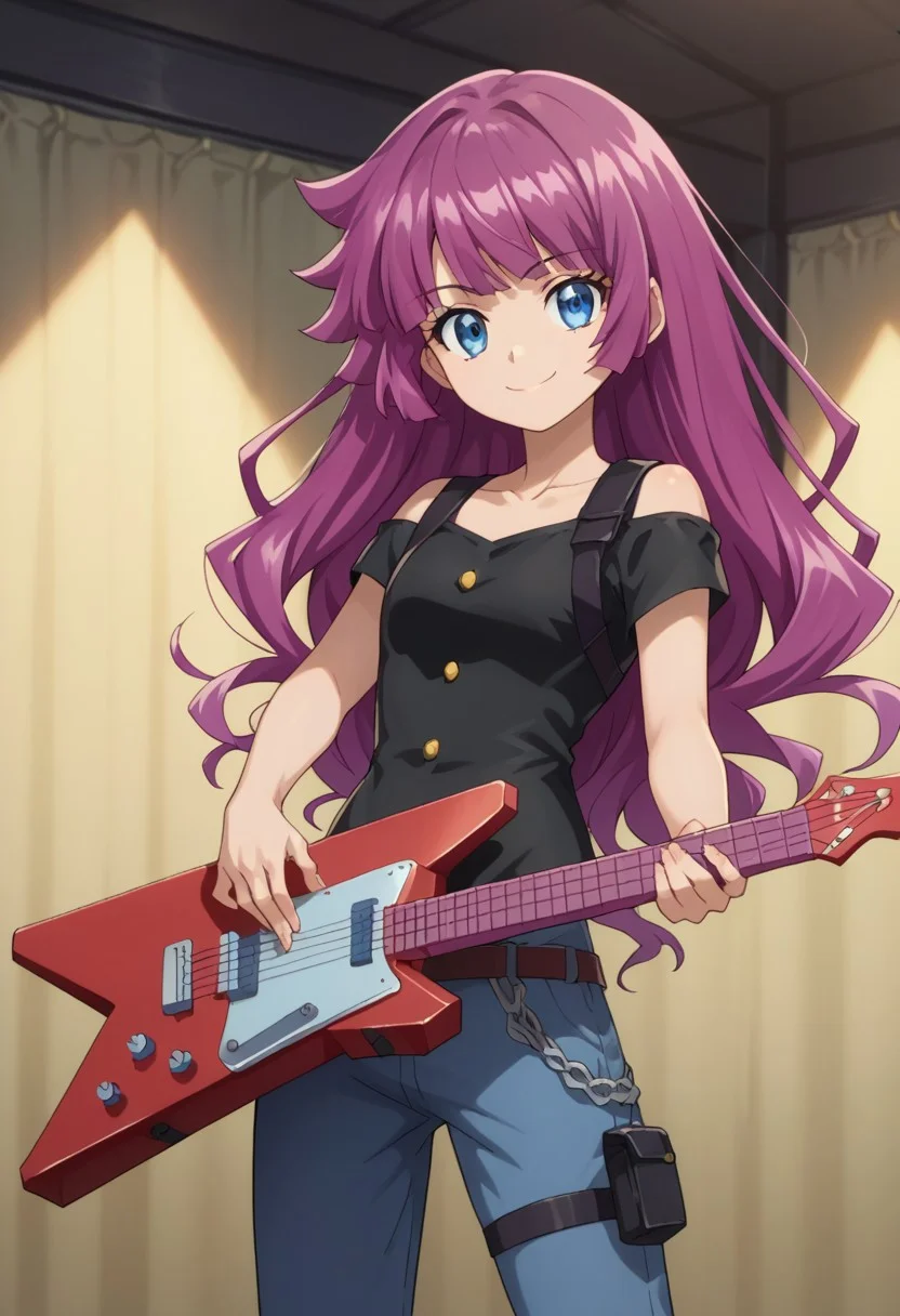 score_9, score_8_up, score_7_up, source_anime, highly detailed,
rominkassidy, 1girl, solo, blue eyes, long hair, purple hair, instrument, holding,
smile, looking at viewer, shirt, guitar, black shirt,
bangs, collarbone, shiny, pants,
indoor, stage,