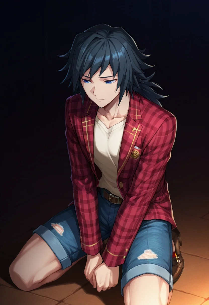 masterpiece, best quality, intricate details, anime screencap, , , , 1boy, solo, male focus, <lora:giyuu_tomioka_ilxl:0.9>, giyuu_tomioka, black hair, blue eyes, bangs, long hair, low ponytail, , , upper body, sahara desert, dark, kneeling, giggling, Pleated denim shorts, Seersucker Gingham Blazer, Monk strap shoes, , Protective Face Shield and