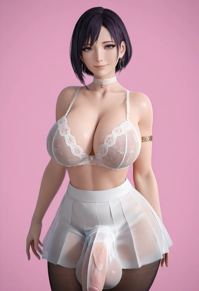 masterpiece, best quality, <lora:stevencarson:1> st3v3nc4rs0n, 3d, blender \(medium\),
1girl, solo,
looking at viewer, light smile,
pantyhose, see-through clothes, miniskirt, lace bra, armlet, choker, hoop earrings, futanari, flaccid,
simple background, Pink background, outline,