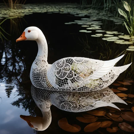 transparent translucent goose made out of lace fabric in a pond, artistic, hyperrealistic, hyperdetailed, intricate, amazing depth, dlrs, broken surface, open, see through brocade lace, hypermaximalism masterwork by head of prompt engineering <lora:add-detail-xl:4>