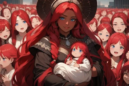 (masterpiece, best quality:1.5), (ultra realistic:1.5), (8k uhd, very high quality:1.5), (extremely detailed face:1.5), (dark skin mother holding her infant girl and surrounded by an endless amount of her young children:1.5), (everyone has long ruby red hair:1.5), (everyone smiling and happy:1.5), (everyone has bright blue eyes:1.5), (the woman is surrounded by endless amounts of her young children that fill the entire background:1.5), (the woman is surrounded by an endless amount of her young children that fill the entire background:1.5), (everyone has long ruby red hair:1.5), (city background:1.5)