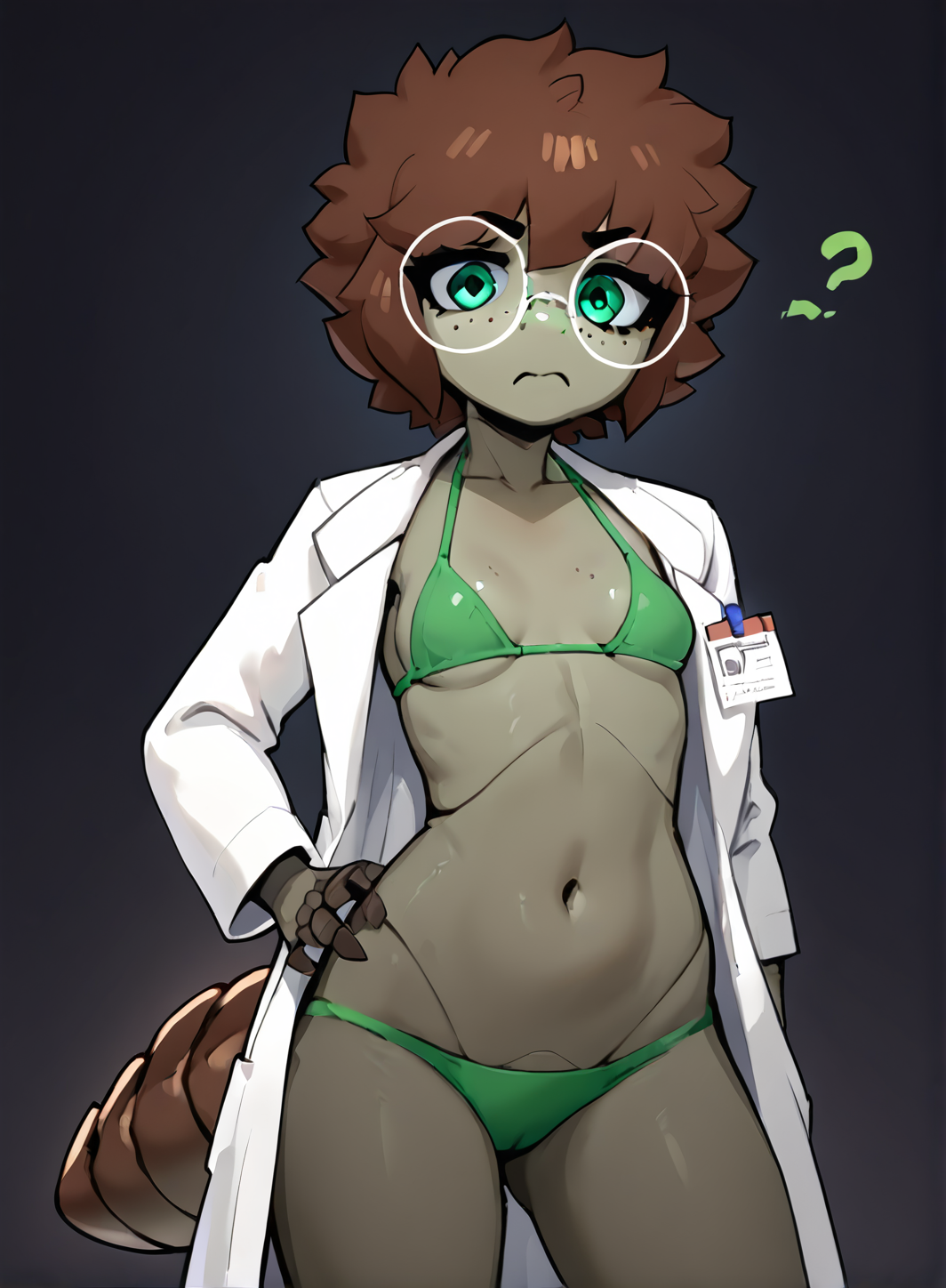 score_9, score_8_up, score_7_up, score_4_up, score_5_up, score_6_up,<lora:Bug_Girl:0.5>, arthropod girl, arthropod limbs, ((tail)), feelers, joints, <lora:Arthropod_Abdomen_V3:0.3> anthropomorphic insect, arthropod abdomen, brown hair, green eyes, freckles, body freckles, (navel),  petite, small breasts, colored skin, dark background, looking at viewer
loose clothes, open lab coat, glasses, dark green bikini, dark green bikini top, dark green bikini bottom,
(confusion, (skeptical incredulous mistrustful leery:1.1) , closed mouth,  ), expressive pose,
standing, cowboy shot,