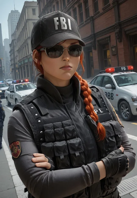 masterpiece, best quality, BREAK, dynamic angle, 1girl, solo, ashr6s, red hair, single braid, hat, bulletproof vest, grey sweater, sunglasses, fingerless gloves, arms crossed, city street, bank, police car, detailed scenery
