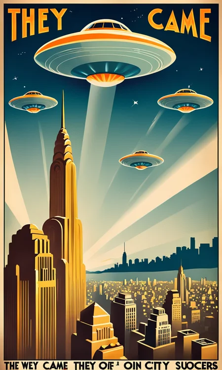 movie poster flying saucers over city, Text:" They Came...", <lora:artdecopostsdxl:0.7>, art deco style