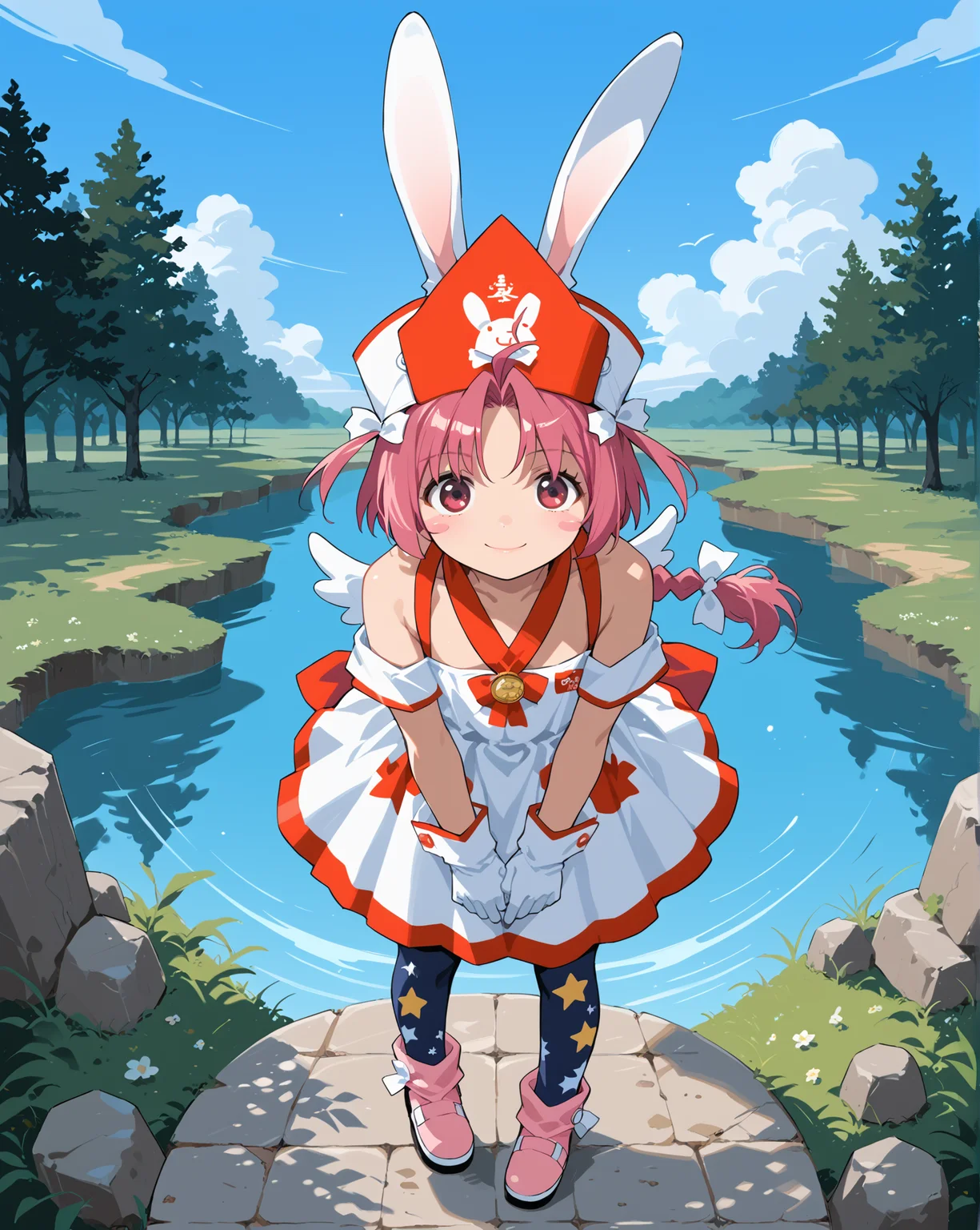 PonyScores7, source_anime, ah1, 1girl, lips, bad-hands-5, <lora:xl_more_art-full_v1:0.2>, <lora:shinyskin2:0.2> glistening skin, <lora:aesthetic_anime_v1s:0.2>, <lora:Expressive_H:0.2> Expressiveh, <lora:hairdetailpxl:0.2> hairdetailpxl, <lora:EpicF4nta5yXL:0.2>, <lora:detailxl:0.2> detailxl, <lora:Fant5yP0ny:0.2>, best quality, amazing quality, best aesthetic, absurdres, <lora:expressive eyes:0.2> expressive eyes, <lora:eyedetailpxl:0.2> eyedetailpxl, illustration, Volumetric_Lighting, ultra-detailed, very aesthetic, intricate details, 8k, masterpiece, best_quality, (crazy_smile), (Aerial view medium Close shot (focus on head)), (an ancient lake, with dark waters, ancient stones, twisted trees, a sense of deep history), (Posing with arms folded across the chest, looking serious,), <lora:Eyes_High_Definition:0.3> EyesHD, looking at viewer, Stable_Yogis_PDXL_Positives, AS-Adult, <lora:nakahara_komugi_pony_v1:0.8> nakahara_komugi, pink hair,hat, animal ears, braid, pink eyes, ahoge, long hair, rabbit ears, wings, star print, jewelry, star (symbol), dress, white gloves, stickers, zettai ryouiki, print thighhighs, winged footwear,