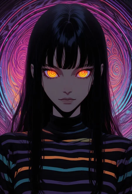 score_9, score_8_up, score_7_up, illustration, 1girl, solo, surreal, hypnotic eyes, spiral pattern, long dark hair, bangs, striped shirt, vibrant colors, psychedelic background, orange and purple hues, neon lighting, close-up, front view, intense gaze, digital art, fantasy, glowing eyes, colorful swirls, artistic, dreamy atmosphere