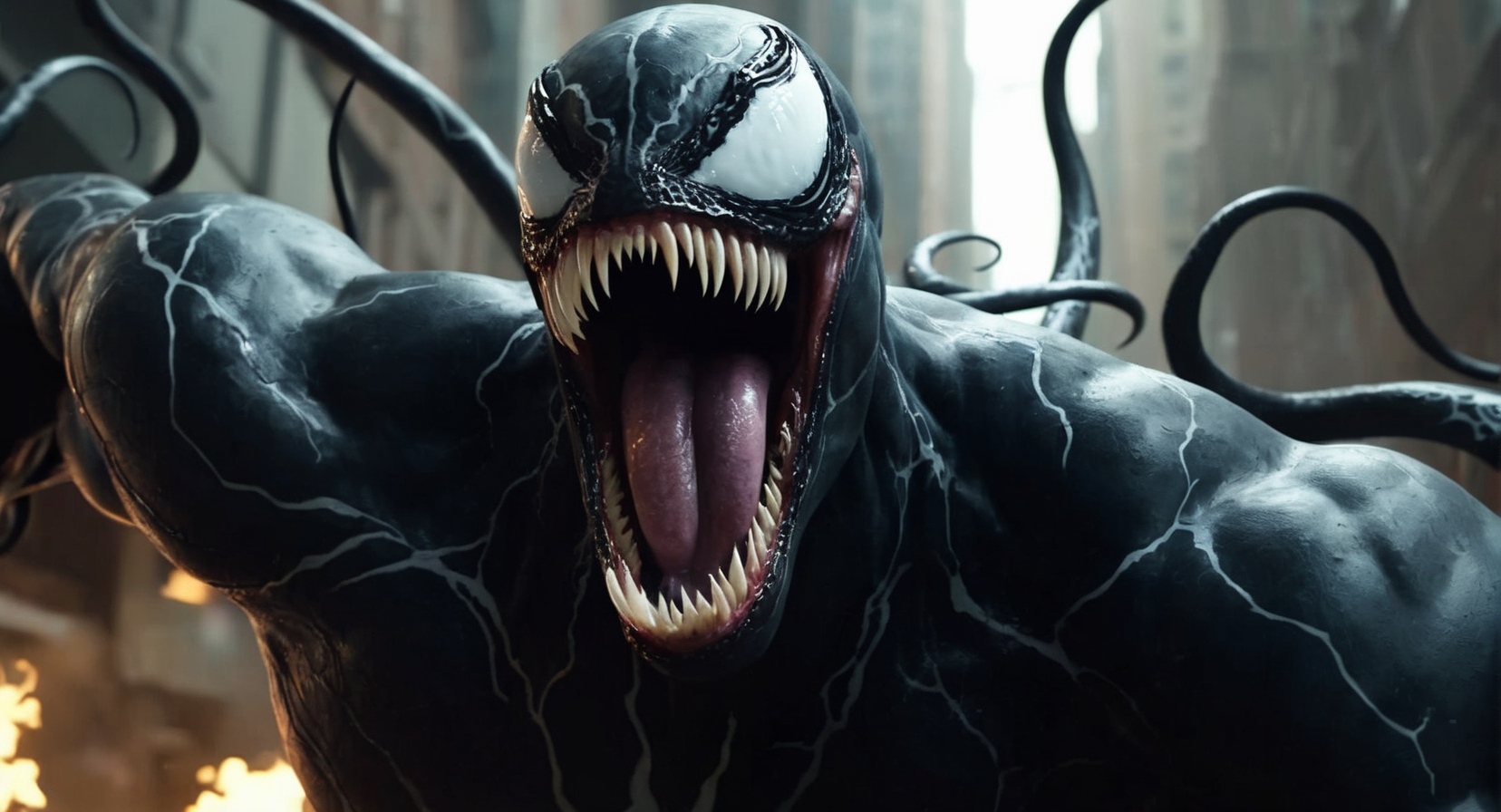 concept art of <lora:Symbiote:1> Cinematic Film stock footage in (arri alexa style) Kodak film print,
a very large venom with a big mouth symbiote style, digital artwork, illustrative, painterly, matte painting, highly detailed