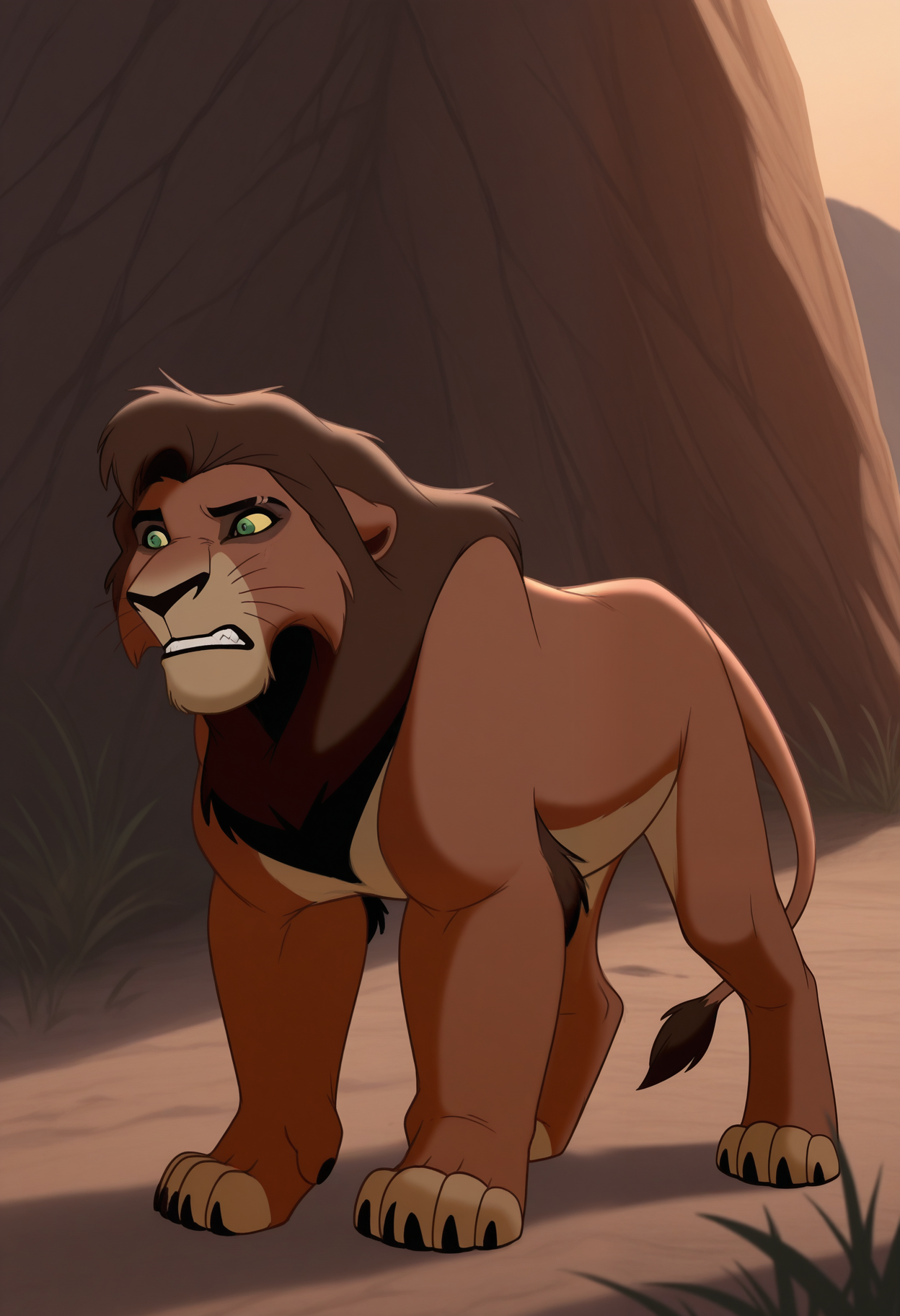 masterpiece,best quality,amazing quality, 1boy, solo, k0vu, lion, bara, brown fur, dark brown mane, colored sclera, green eyes, scar across eye, lion tail, full body, outside,