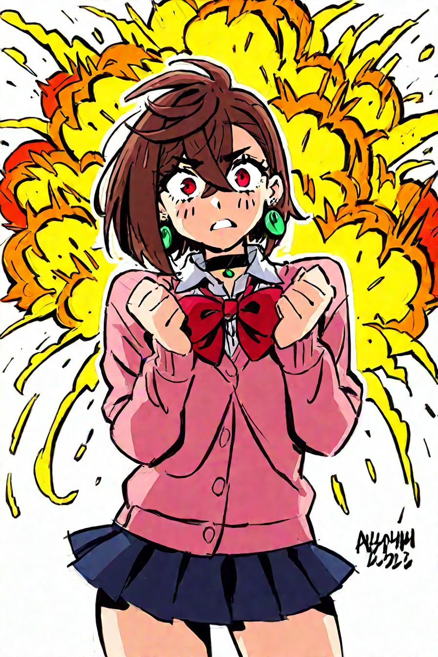 <lora:ayase_momo-koto-Illustrious v01:0.5> ayasemomo, hair between eyes, crossed bangs, green earrings,  brown hair, red eyes, black choker, short hair, white shirt, red bowtie,pleated skirt,school uniform, pink cardigan, long sleeves, 1girl, solo, alone, <lora:comic_drawing_style_illustriousXL:1>, comic_drawing_style, ufo, explosion, shocked face, masterpiece, highres, white background