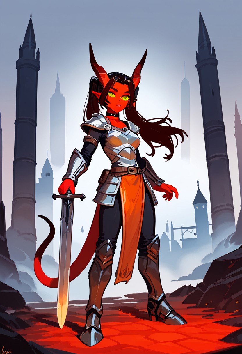 score_9, score_8_up, score_7_up, score_6_up, score_5_up,Tiefling,paladin,red skin, female,breasts, tail, horns, dragom_tail, body,armor, twintails, large_small,long_hair, choker, old castle_background, orange_eyes, long_Skirt, belt,full body,in your hands sword and shield,