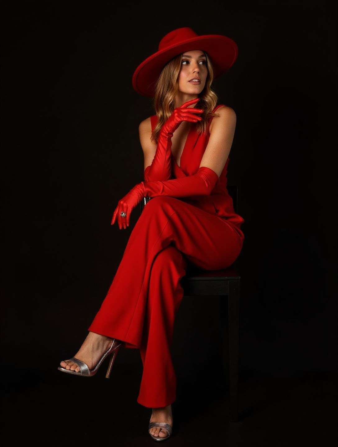 A woman poses elegantly on a black chair, wearing a vibrant red outfit consisting of a sleeveless jumpsuit, long red gloves, and a wide-brimmed red hat. Her long, wavy hair falls over her shoulders, and she looks slightly to the side with a confident expression. She wears silver high-heeled sandals, adding a touch of glamour to her bold aesthetic. The background is dark, highlighting the vibrant red of her outfit.