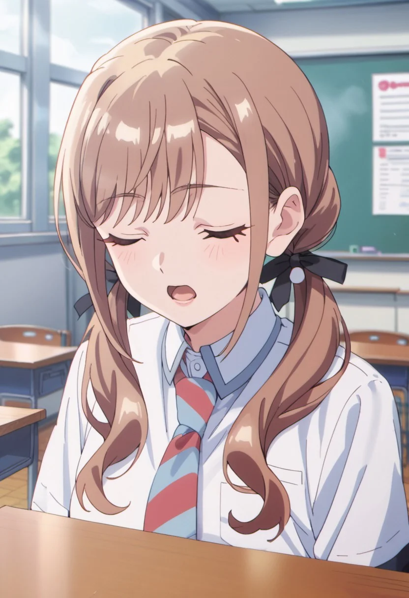score_9, score_8_up, score_7_up, source_anime, jinguji naori, brown hair, long hair, brown eyes, 1girl, twintails, closed eyes, solo, necktie, open mouth, mole under eye, classroom, indoors, mole, school uniform, desk