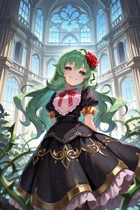 <lora:ChamIllustriousBackgroundEnhancer:0.5> <lora:illustrious_quality_modifiers_masterpieces_v1:0.8> , masterpiece, very aesthetic, absurdres, best quality, amazing quality, high resolution, newest, very awa, scenery, volumetric lighting, solo, looking at viewer, <lora:ToraIllustrious:0.8> , tordef, 1girl, solo, long hair, green hair, black sclera, blue eyes, hair flower, neck ribbon, bib collar, black dress, frilled dress, gold trim, juliet sleeves, yellow armlet, spiked armlet, thorns, rose, plant thorns, exterior, mansion, evil grin,