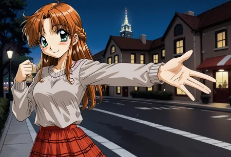 detailed background, shiny skin, rating safe, <lora:komirin.pony:1.0>, komirin, seina, solo, blush, smile, medium breasts, grey sweater, long sleeves, red plaid skirt, reaching, reaching towards viewer, outdoors, sidewalk, Denver (city, Colorado), building, night