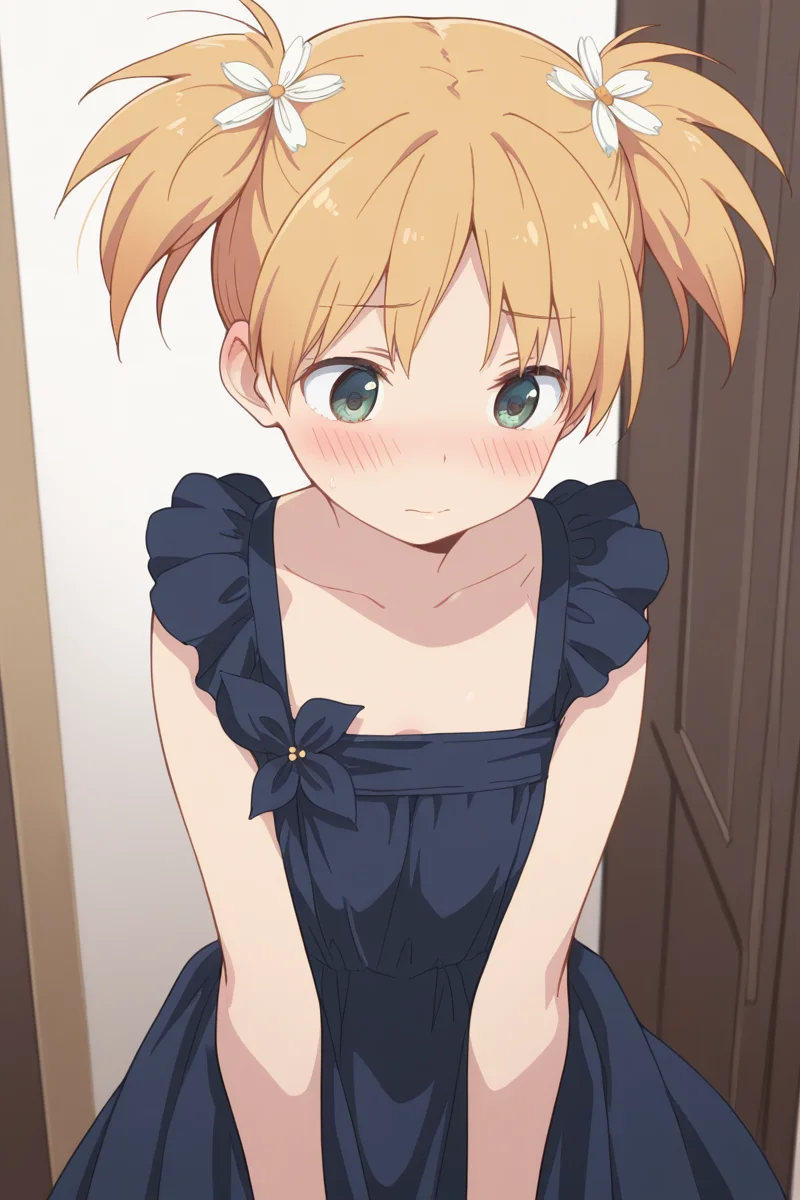 masterpiece, best quality, amazing quality,
 <lora:Yuu_IL:1> yuu, 1girl, solo, short twintails, dress, hair ornament, flower, hair flower, blonde hair, green eyes, dark blue dress, blush, short twintails