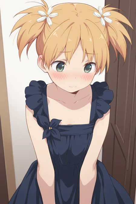 masterpiece, best quality, amazing quality,
<lora:Yuu_IL:1> yuu, 1girl, solo, short twintails, dress, hair ornament, flower, hair flower, blonde hair, green eyes, dark blue dress, blush, short twintails