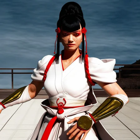 cinematic film still, saturated colors, negative space,
1 adult woman,
TKNKZMI, black hair, blunt bangs,
(breaking bad style), face of Marie Schrader, (solo female focus),
red eyeshadow, sidelocks, hair ornament, hair bun, white kimono, arm guards,
leading lines,
backdrop is DOJO, scenery,
