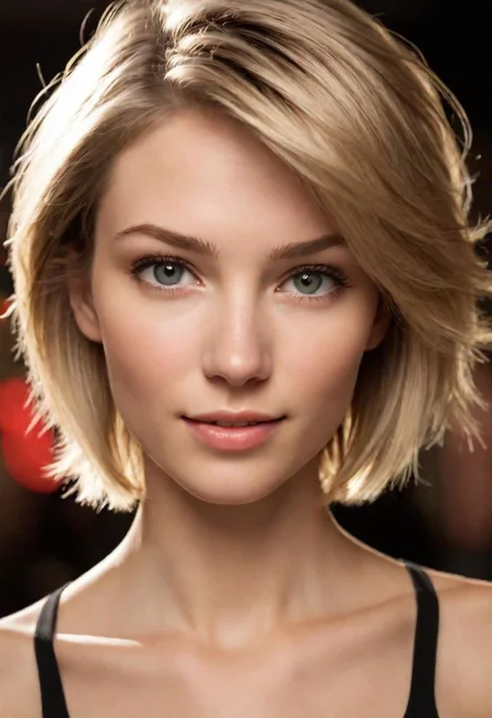 Create a photo taken with the front camera of an iPhone 15. An ultra-realistic and detailed photo of a beautiful woman, with short dark blonde hair, captured in motion on a nigth club, With motion blur, it is captured in natural daylight.