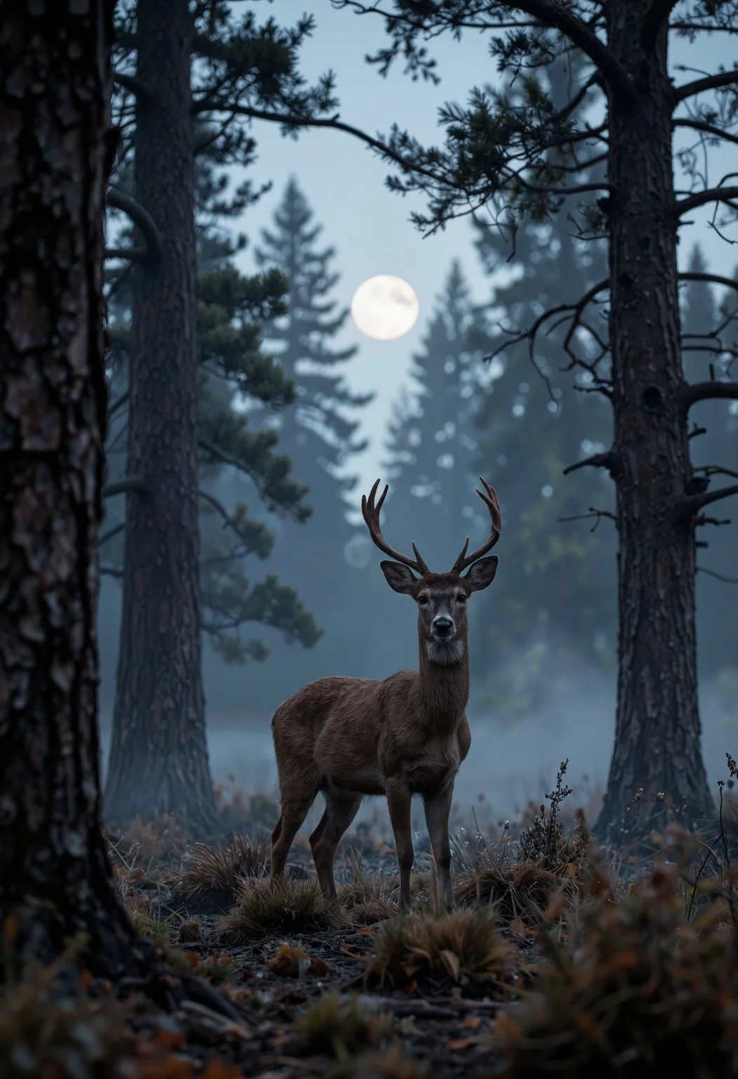 In a dense, fog-laden forest, the full moon hangs low, casting an eerie, silvery light through the trees. Mist rolls across the forest floor, and the silhouettes of tall, ancient trees reach up like skeletal hands toward the sky. In the foreground, a deer stands still, its body partially hidden by the mist, as it looks directly at the camera with a calm, curious expression. Shot with a Hasselblad camera and a shallow depth of field, the photograph uses cinematic lighting to capture a mysterious, haunting moment that feels like a glimpse into a fairytale world.<lora:Flux.1_Turbo_Detailer.safetensors:0.7000000000000001:0.7000000000000001>