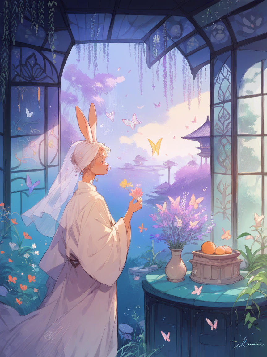 score_9, score_8_up, score_7_up, score_6_up, score_5_up,  <lora:1llum1XLP:1> 1llum1, scenery, fruit, rabbit ears, butterfly, veil, holding cup, wide sleeves, portrait, flower, aquarium, dragon, holding fan, 1girl,