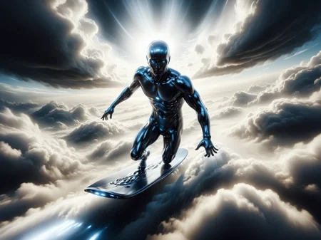 mad-chrm silver surfer flying through the clouds, energy trail, turbulence, motion blur, depth of field, cinematic shot, dramatic lighting, <lora:Chrome_SDXL:0.8> <lora:Above_the_Clouds_SDXL:0.6> mad-abvthclds, (masterpiece:1.2), best quality