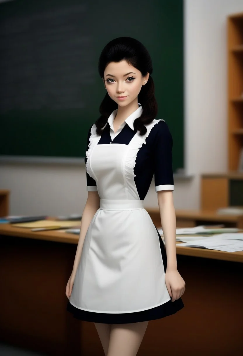 princess hildegard, brown eyes, black hair, 1girl, solo, best quality, (3/4 view:1.5), full body view,gorgeous 18 year old , narrow face, high cheekbones, sexy, long wavy ginger hair,perfecteyes, pale skin, freckles, (soviet school uniform), brown uniform, white lace collar, short skirt, small white apron, detailed face, (happy smile:0.9), long slim legs, breathtaking, charm, award winning photography, ((in a classroom, blackboard))