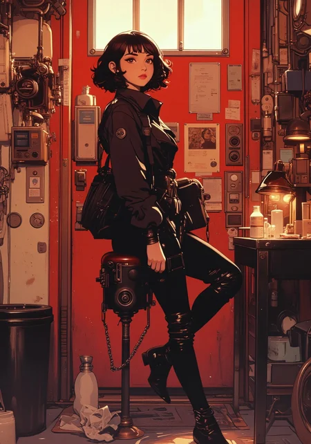 A beautiful woman leaning against a the wall next to red door, she has long black hair, she is wearing a leather dieselpunk biker outfit, she is looking away from the viewer, long shadows, hard lighting, bboil artist style, d13s3lp2nk , YFG-Asak, OBdonman, in a neon-lit NLSTN anime style, NLSTN, glowing, neon, medium shot, side view,