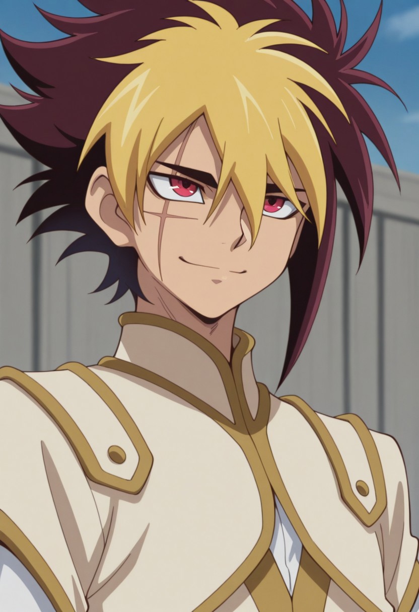 masterpiece,best quality,amazing quality, source_anime, 
Thomrclight, 1boy, male focus, solo, red eyes, scar across eye, multicolored hair, brown hair, blonde hair, shirt, white shirt, coat, brown coat, short over long sleeves, portrait, outdoor, smile, closed mouth,