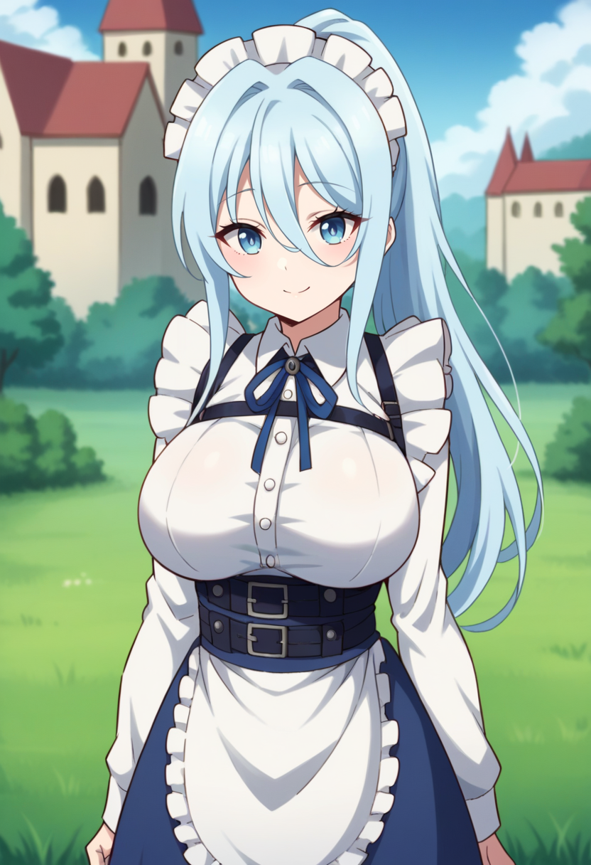 score_9, score_8_up, score_7_up, source_anime BREAK 1girl, solo, looking at viewer, cowboy shot,
<lora:SylphaDwnstyPdxl-000007:0.9>, sylpha_def, blue eyes, blue hair, long hair, ponytail, hair between eyes, light blue hair, frilled dress, multicolored clothes, long skirt, white sleeves, long sleeves, strap, waist apron, maid headdress, underbust, chest harness, blue harness, chest strap, bkue belt, neck ribbon,
large breasts, smile, anime coloring, skindentation, 
outdoors, nature, grass, blue sky, castle,