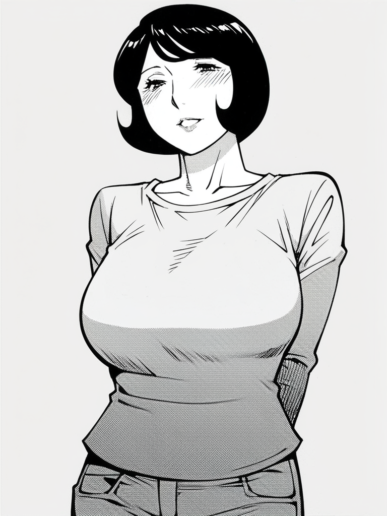 score_9, score_8_up, score_7_up,  
1girl, monochrome, mitsuko tk, mature female, short hair, black hair, bob cut, large breasts,

t-shirt, long sleeves, jeans, smile, narrowed eyes, arms behind back, looking at viewer, parted lips, blush,
white background, solo,