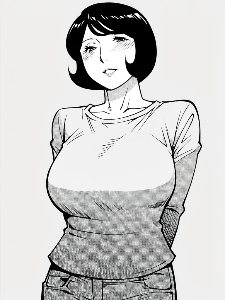 score_9, score_8_up, score_7_up,  
1girl, monochrome, mitsuko tk, mature female, short hair, black hair, bob cut, large breasts,

t-shirt, long sleeves, jeans, smile, narrowed eyes, arms behind back, looking at viewer, parted lips, blush,
white background, solo,