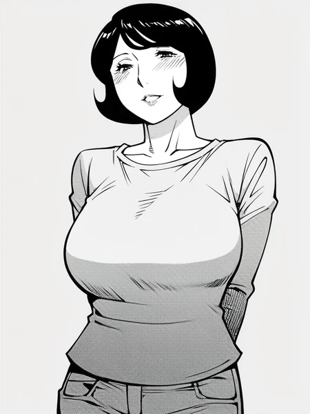 score_9, score_8_up, score_7_up,
1girl, monochrome, mitsuko tk, mature female, short hair, black hair, bob cut, large breasts,
t-shirt, long sleeves, jeans, smile, narrowed eyes, arms behind back, looking at viewer, parted lips, blush,
white background, solo,