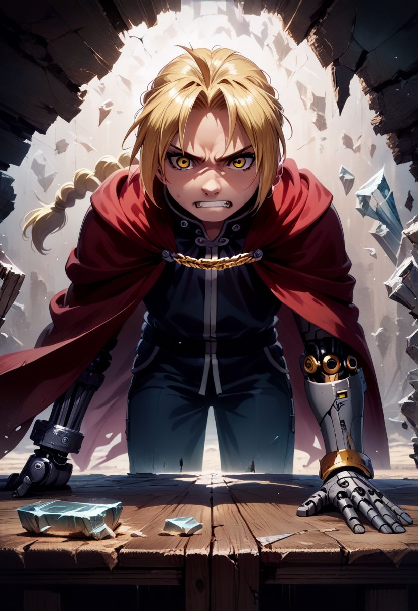 score_9, score_8, score_7, score_6,rating_safe, source_anime,edward_elric, blonde hair, yellow eyes, braid, single braid, braided ponytail, ((red cape)),(single mechanical arm),grit teeth,leaning forward,one hand on Sand table,(glass pieces,glass fragments ,glass fragment),speed line,motion blur,emphasis lines,(ashes,powder:1.2),(perspective,front view,wide angle:1.2),(intricate_details_xl:1.5),(narrow room),IncrsXLBrknGls,(broken glass,detailed reflection,light particles:1.5),(gold chains:1.8),concept art, digital art, realistic,Sand table,
