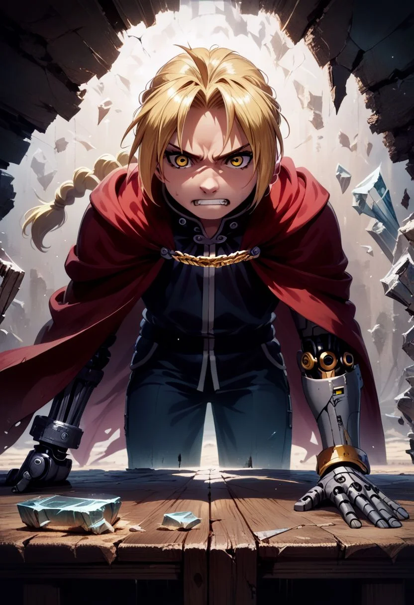 score_9, score_8, score_7, score_6,rating_safe, source_anime,edward_elric, blonde hair, yellow eyes, braid, single braid, braided ponytail, ((red cape)),(single mechanical arm),grit teeth,leaning forward,one hand on Sand table,(glass pieces,glass fragments ,glass fragment),speed line,motion blur,emphasis lines,(ashes,powder:1.2),(perspective,front view,wide angle:1.2),(intricate_details_xl:1.5),(narrow room),IncrsXLBrknGls,(broken glass,detailed reflection,light particles:1.5),(gold chains:1.8),concept art, digital art, realistic,Sand table,