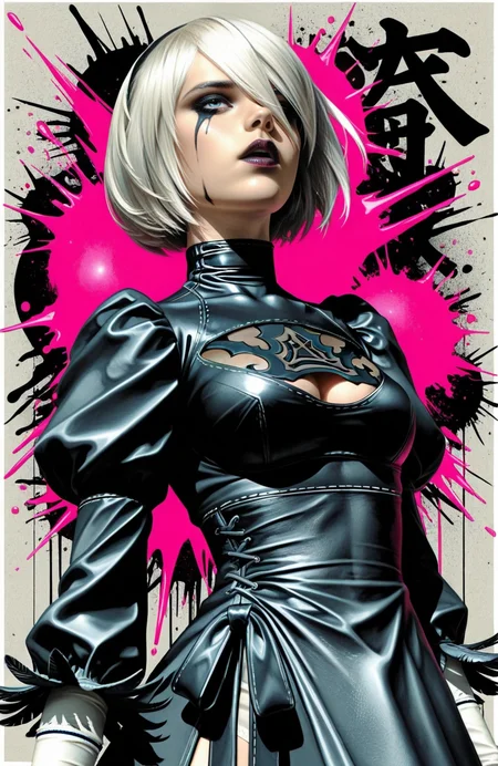 masterpiece,best quality,high quality,absurdres,very aesthetic,8k. BREAK
2B,Nier Automata,goth,dark makeup,dynamic angle,
BREAK.,
BREAK <lora:Graphic_Violence:0.8>,graphic violence style,ink explosion,kanji backdrop,violent motion,poster ink art,neo-japanese,