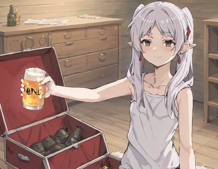 masterpiece,solo,anime-style,a   misato holding a beer in her one hand,<lora:frieren_meme-000014:0.85>,room,  treasure chest   <lora:misatoSDXL:1>