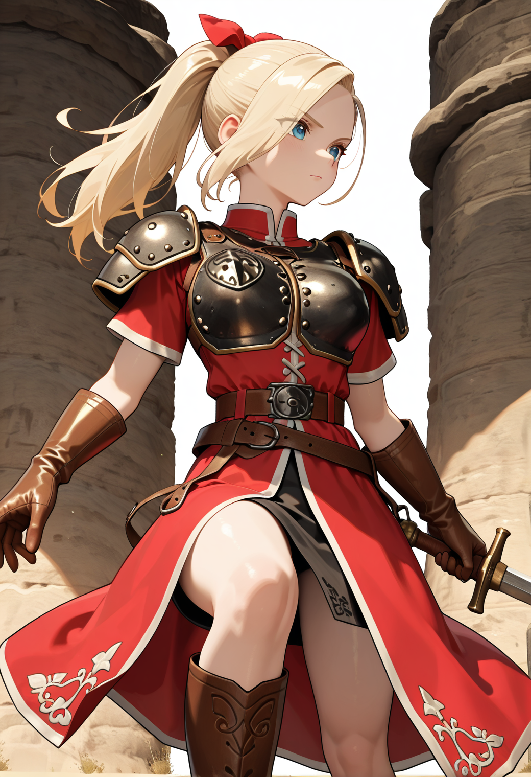 masterpiece, best quality, very aesthetic, absurdres, 1girl, solo,
<lora:dqh2_aurora_v02:0.9>, dqh2_aurora, blonde hair, long hair, ponytail, blue eyes,
hair bow, shoulder armor, breastplate, red dress, short sleeves, brown gloves, leather gloves, belt, skirt, knee boots, holding sword, swinging weapon, dynamic pose