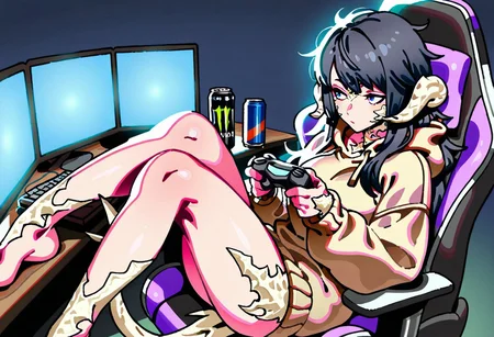 masterpiece, best quality, good quality, 4k, high-res detailed eyes,
1girl, au ra, tail,
oversized sweater, hood down, long hair, messy hair, energy drink, bare legs, sitting in gaming chair, holding controller, desk, microphone arm, microphone,
(Lhata4564_illu:0.6), (ireading:0.8)