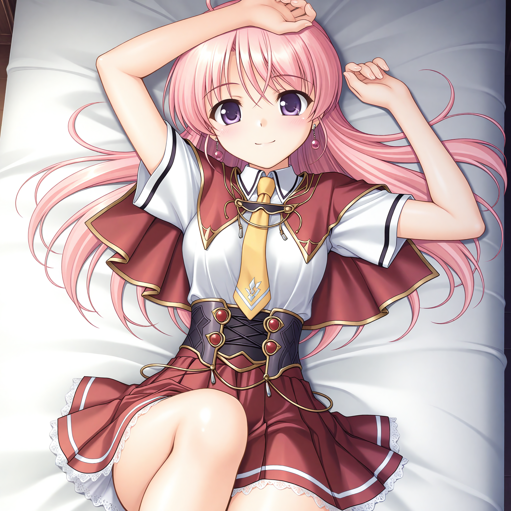<lora:Eustia_Astraea_1_nai-000035:1>,Eustia Astraea,
red capelet,jewelry,school uniform,yellow necktie,red skirt,pleated skirt,white shirt,short sleeves,collared shirt,lace-trimmed skirt,miniskirt,corset,
BREAK
1girl,solo,smile,on bed,lying,on back,front view,looking at viewer,arm above head,straight-on,knee up,