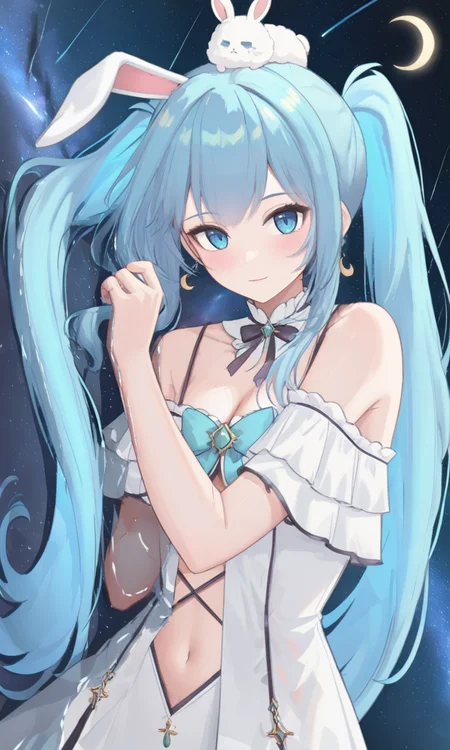 ((masterpiece, best quality, absurdres, highres, newest, very aesthetic, extremely detailed, very awa, year 2024, detailed background, perfect anatomy, surreal)),year 2023,<lora:lora-SEPTYA>,<lora:illustrious_noobai_epsilon_pred_1_masterpieces_v1:0.4>,<lora:UnifiedTheory:0.5>,<lora:Lirusso_Vtuber_1622999:0.8>,liruv1,(24 yo:0.8),24 year old girl,1girl,long hair,bangs,clothing cutout,bare shoulders,navel,twintails,virtual youtuber,blue eyes,frills,earrings,dress,blue bow,white dress,looking at viewer,blue bow,
1girl,masterpiece,on side,night sky,crescent moon,rabbit ears,fluffy,dress,absurdly long hair,milky way,glowing hair,shooting star,upper body,rabbit on head,