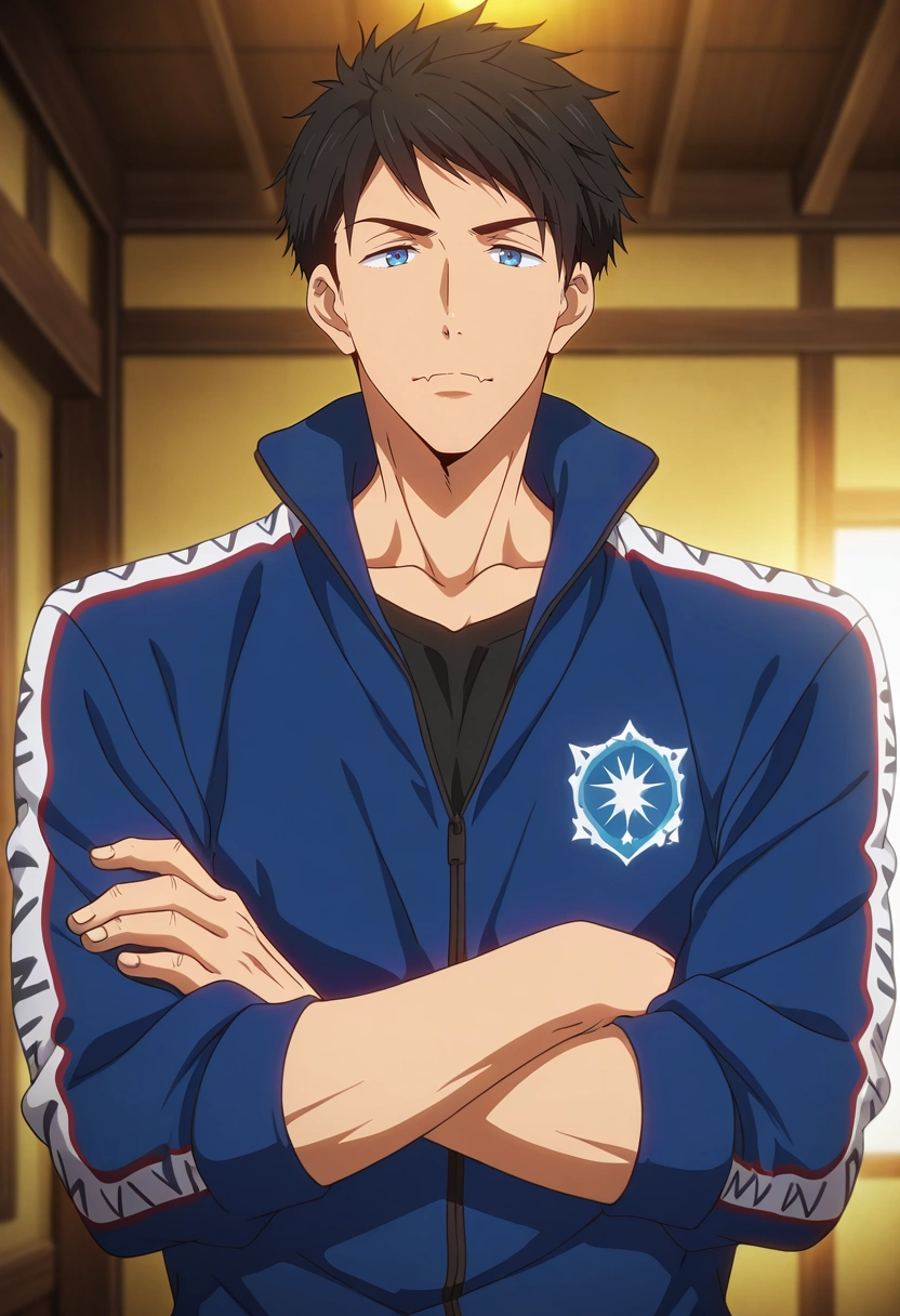 masterpiece, best quality, intricate details, anime screencap, anime coloring, , , 1boy, solo, male focus, <lora:sousuke_yamazaki_ilxl:0.94>, sousuke_yamazaki, black hair, blue eyes, short hair, rule of thirds, ayers rock, indoors, light, crossed arms, skin fang,