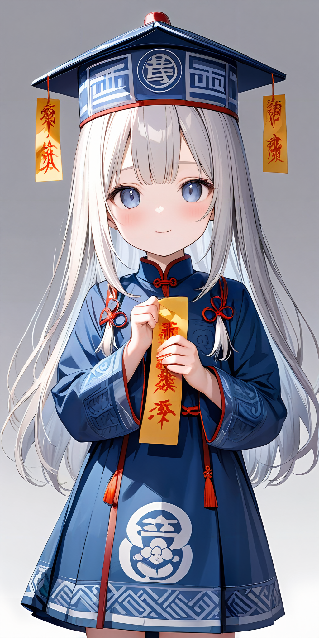 masterpiece,ultra-detailed,best quality,8K,illustration,cute face,clean skin ,shiny hair,girl,cowboy shot,simple background,
 <lora:add-detail-xl:1> <lora:jiangshi dress_XL_V1.0:0.9> jyojifuku, ofuda, blue dress, ribbon,hat