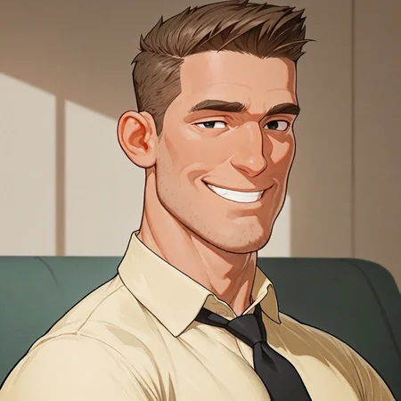masterpiece, best quality, absurdres, newest, perfect quality, best quality, absolutely eye-catching, detailed background, intricate details, 1boy, male, male focus, solo, mature, brown hair, short hair, black eyes, yellow shirt, black tie, collared shirt, bara, muscular, large pectorals, large biceps, face close-up, portrait, looking at viewer, smile, very awa, absurdres, newest, perfect quality, detailed background, intricate details, (artist:rokudenashi:0.8), (artist:dizdoodz:0.7), (artist:gomtang:0.6)