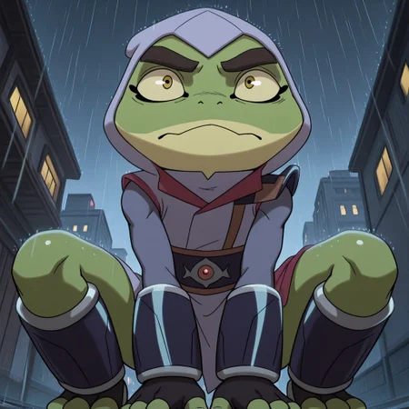 masterpiece, best quality, amazing quality, bu11fr0g, male, furry male, anthro, solo, frog, green skin, two-tone skin, yellow sclera, black pupils, eyelashes, nostrils, 4 toes, grey hood, red collar, grey robes, shoulder pad, red sash, blue belt, emblem, fingerless gloves, armguards, leg guards, crouching, serious, arms over legs, on top of building, outdoors, city, night, rain, cinematic, low angle, dutch angle