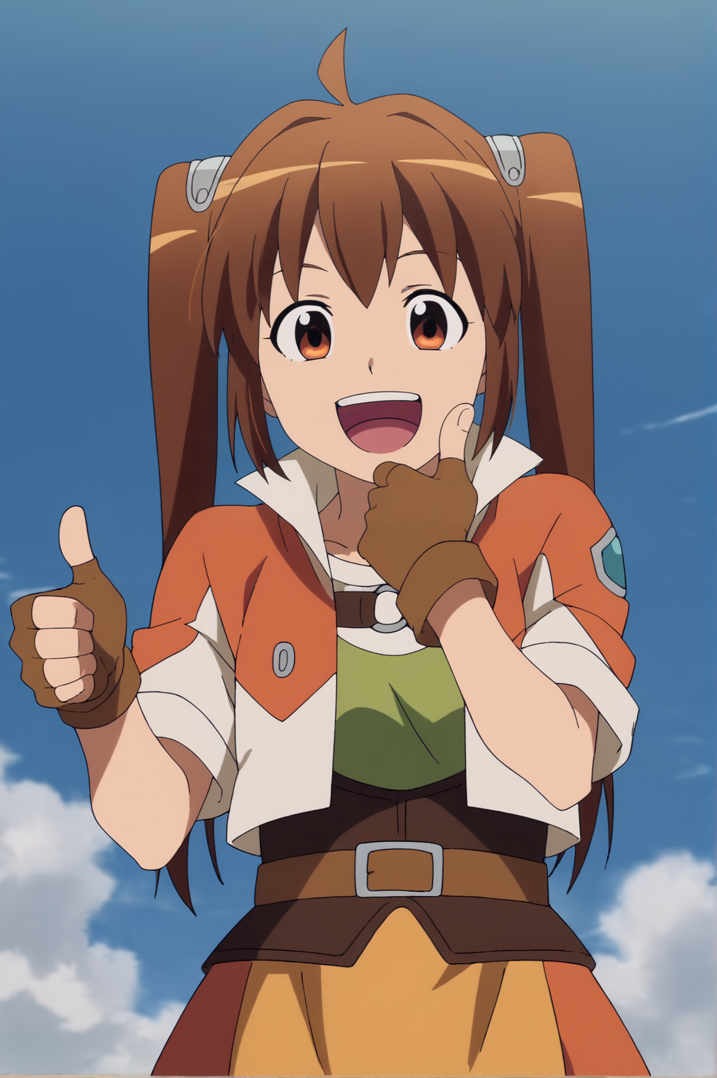 score_9, score_8_up, score_7_up,anime_source, source_anime, best background, detailed background, anime screencap,  Estelle, brown gloves, fingerless gloves, gloves, hand on own chin, jacket, belt, orange skirt, solo, happy, thumbs up, dynamic angle, <lora:JN_Estelle_Bright:0.8>