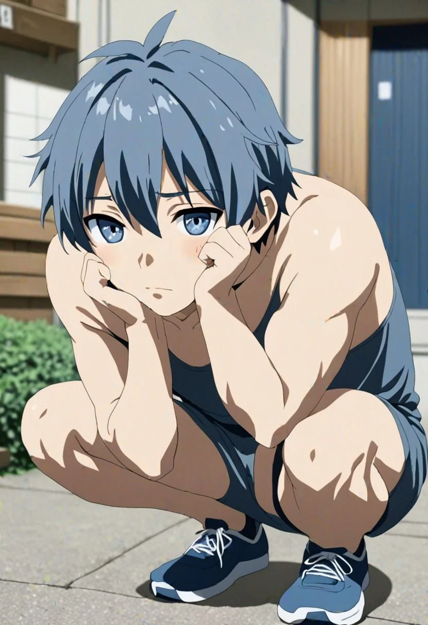 high resolution, solo, best quality, 1Boy, Tomoya Okazaki, Grey Blue Hair, lofi, candid, squat, depth of field, photo model, looking at viewer, OverallDetail
