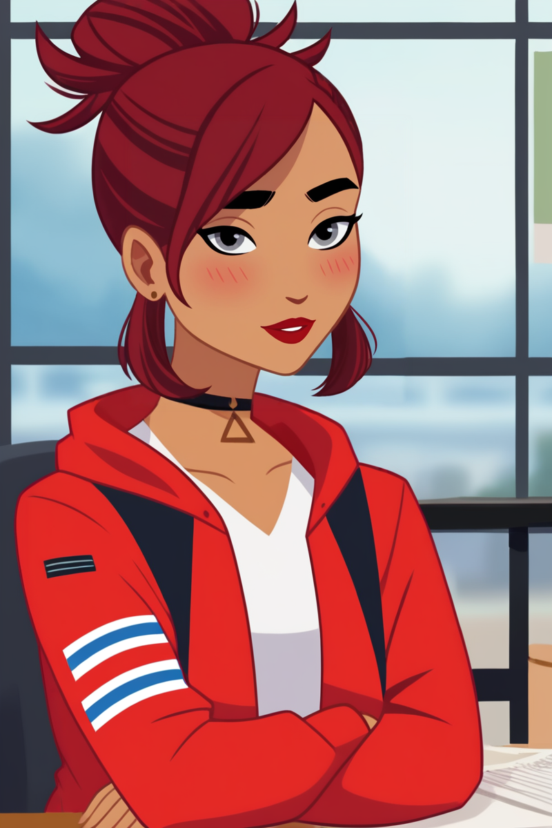 score_9, score_8_up, score_7_up, score_6_up, score_5_up, score_4_up, 
((vector artstyle, flat color:1.8, source_cartoon, pencil sketch, 2d, no lineart:1.8, minimalism)), BREAK. 
choker, red jacket, BREAK.
indoors, blush, light smile, looking at viewer, BREAK. 
<lora:CarmenSandiego:1>, skinny, petite, 1girl, solo, dark skin, dark-skinned female, grey eyes, red hair, tied hair, topknot, earrings, jewelry, red lips